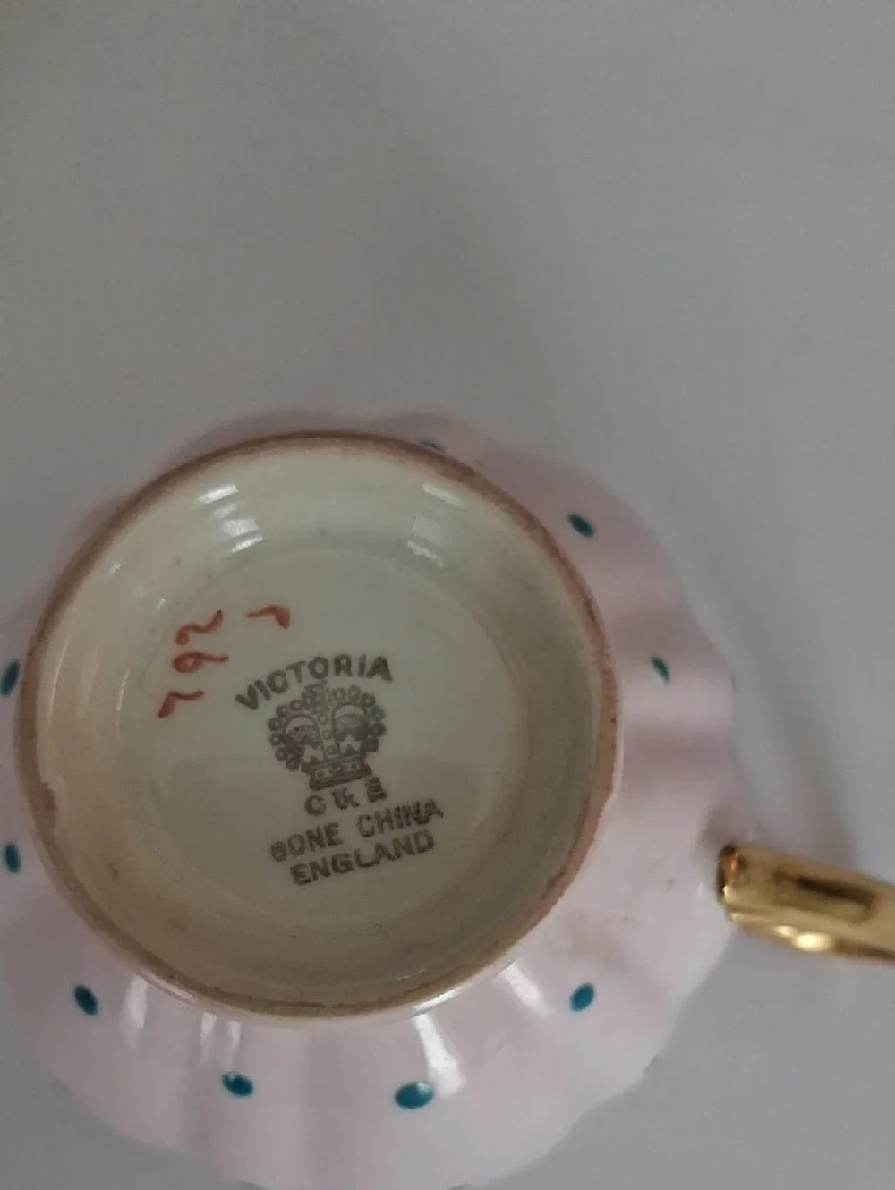 Pink Polka Dot Porcelain Teacup & Saucer with Gold Trim - Picture 2 of 3